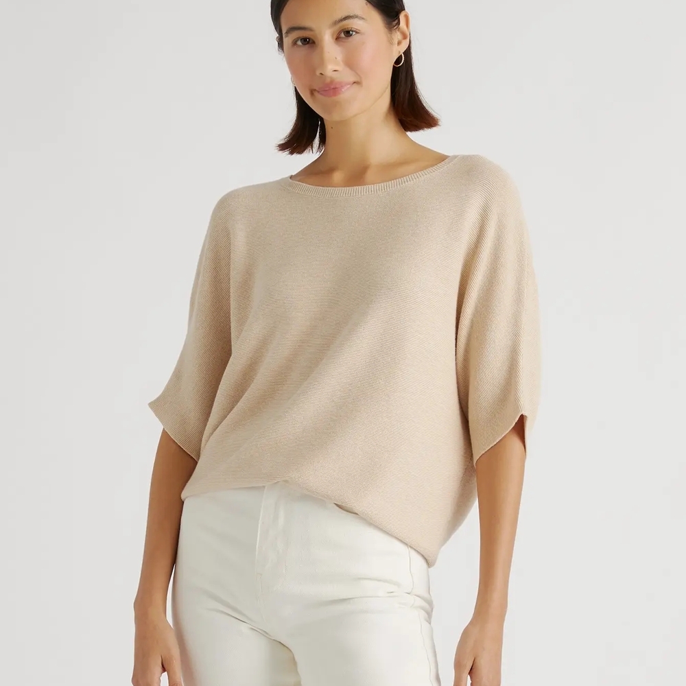 Quince Womens Scoop Neck Short Sleeve Sweater in Light Beige